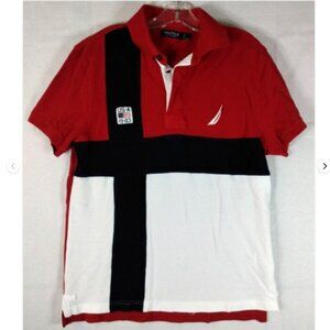Nautica Polo Shirt Mens L Red White Blue Colorblock A Bit Trimmer USA Patriotic